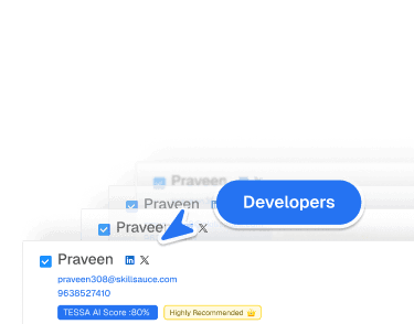 Candidate profile card with score badge and role tag showing a shared record for the hiring team