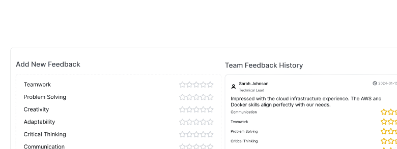 Add new feedback form and team feedback history with ratings and comments