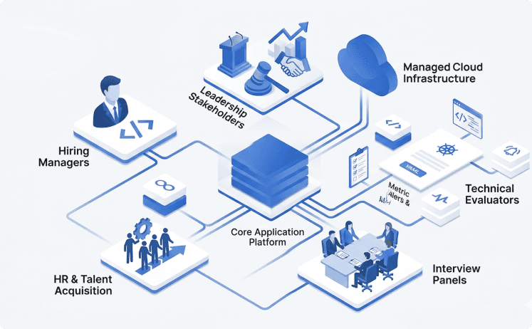 Isometric diagram of SkillSauce core platform connecting HR, hiring managers, interview panels, technical evaluators, and leadership